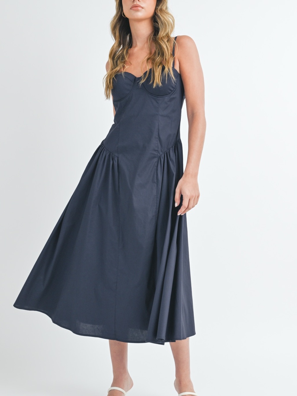 LUSH - Spaghetti Strap Basque Midi Dress with Cupped Bodice in Navy - Size : S
